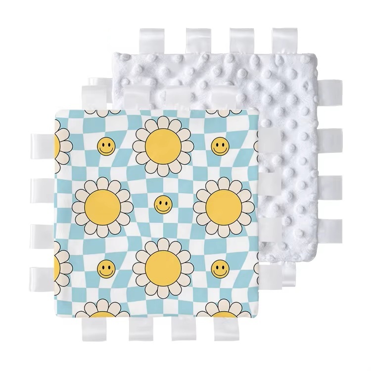 Baby Gift Ideas Personalized 3D Dot Minky Taggy Blanket Knitted Animal Pattern Sublimation Plush Blanket With Ribbon Tags