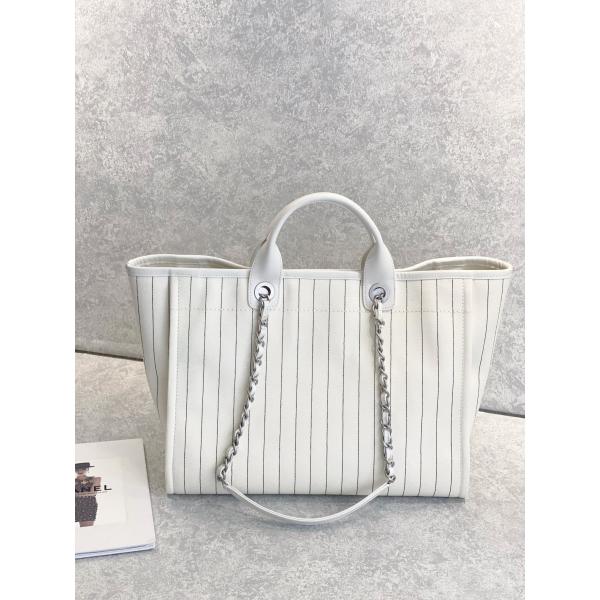 30cm 23P Chanel Deauville Tote Bag White Ecru Black Stripe