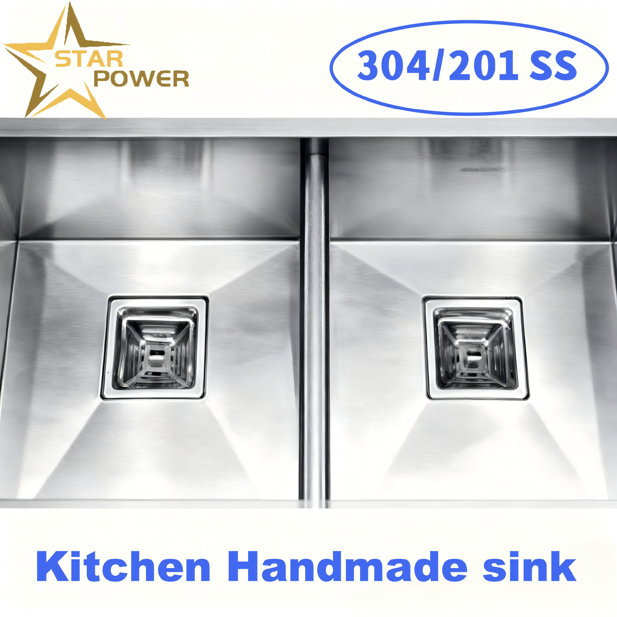 STAR POWER Brushed 304 Stainless Steel Handmade Kitchen Sink with Double-Bowl Design and Pull-Out Faucet