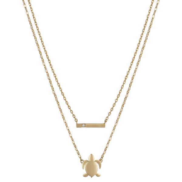 14K Gold Flash-Plated Cubic Zirconia Bar and Turtle 2-Piece Necklace Set with Extender