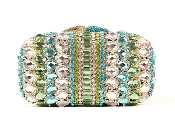 Hard Case Handmade Stone Clutch Bag Malachite Green Crystal With Golden Lining
