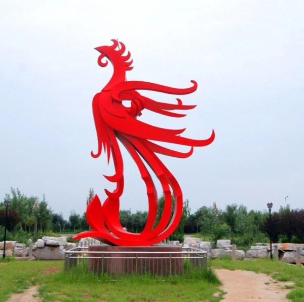 Outdoor Red Phoenix Bird Sculpture Large Abstract Garden Metal Animal Statue