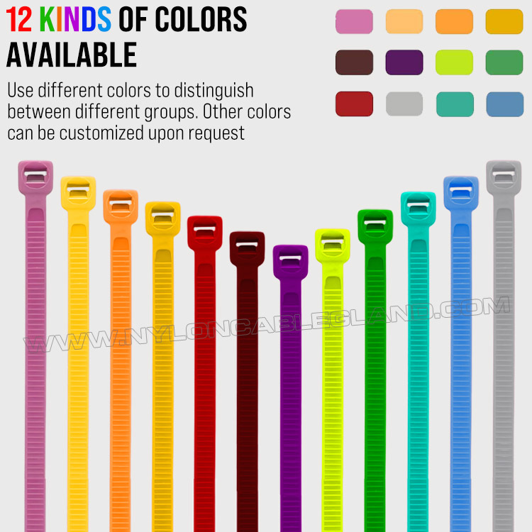 12 kinds of colors of self-locking multi-color cable zip ties Colored Cable Tie 200mm x 4.8, 3~50mm Adjustable Nylon 66 Multicolor Zip Tie (222N / 50LBS) for Cable Visual Management