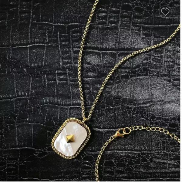 Large Tag 15.7'' Stainless Steel Necklace And Bracelet Set White Fritillary Inlaid