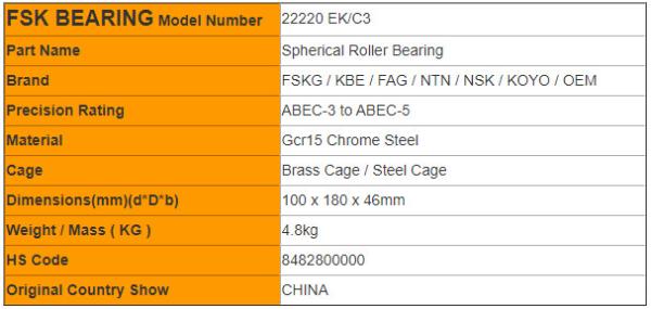 Germany Quality 22220 EK / C3 E Cage Spherical Roller Bearings With Tapered Hole