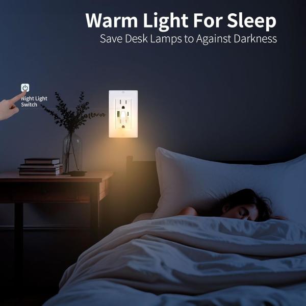 125V AC 15A luz nocturna de salida USB Hotel luz de pared con puerto USB C y toma de corriente