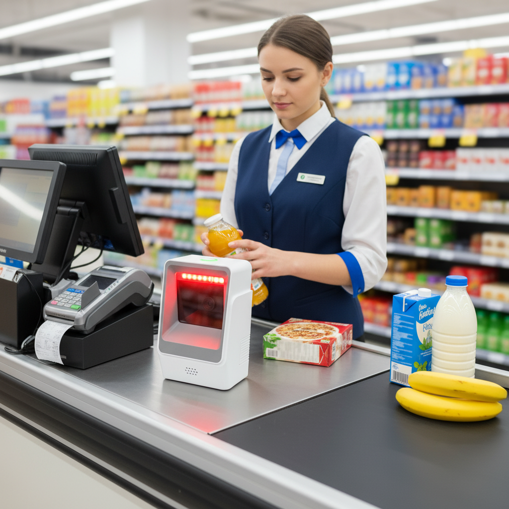 Square Shaped Auto Sensing Tabletop Barcode Scanner 1D 2D QR For Supermarket Stores