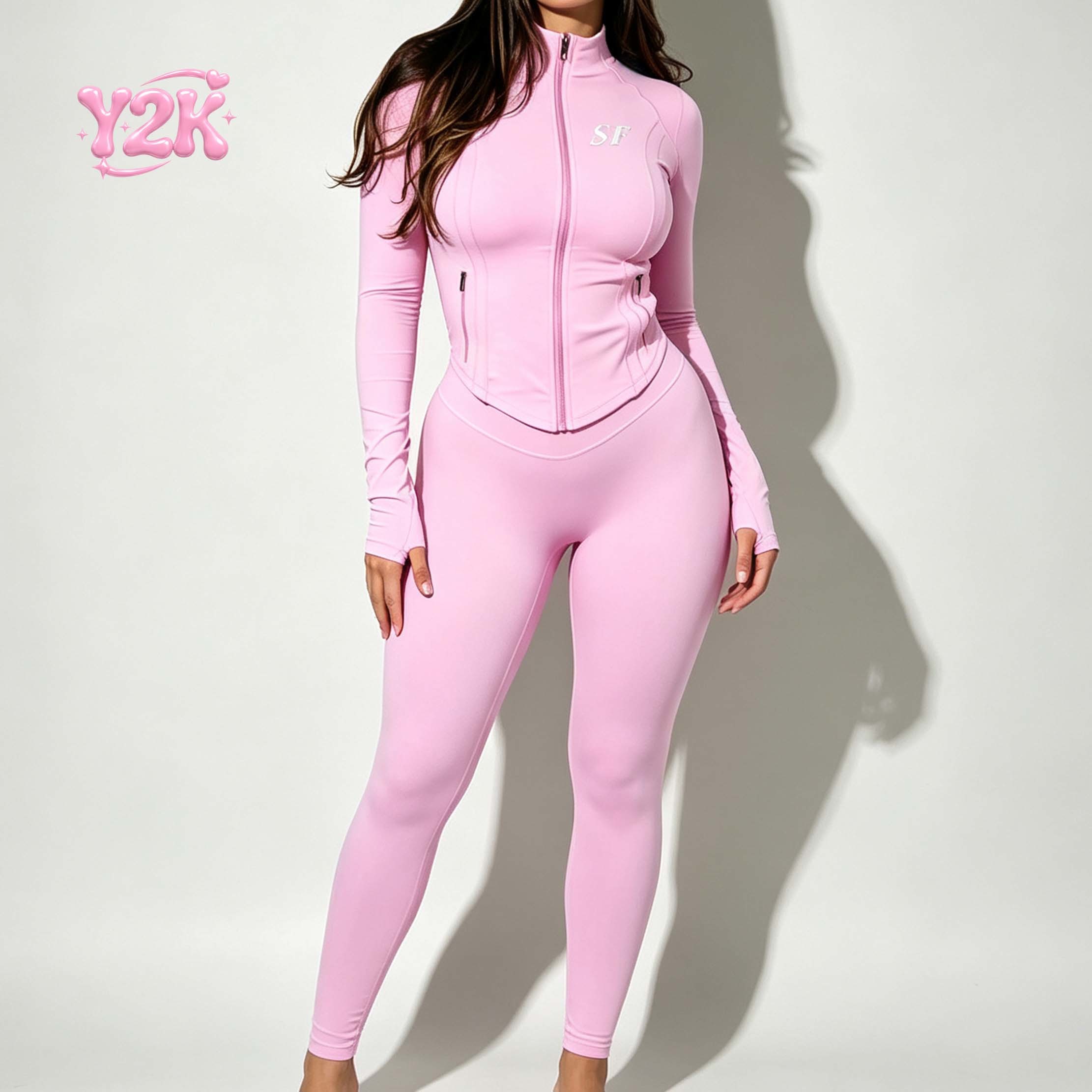 Custom Pink Zip Up Yoga Jacket & High Waist Leggings Gym Set