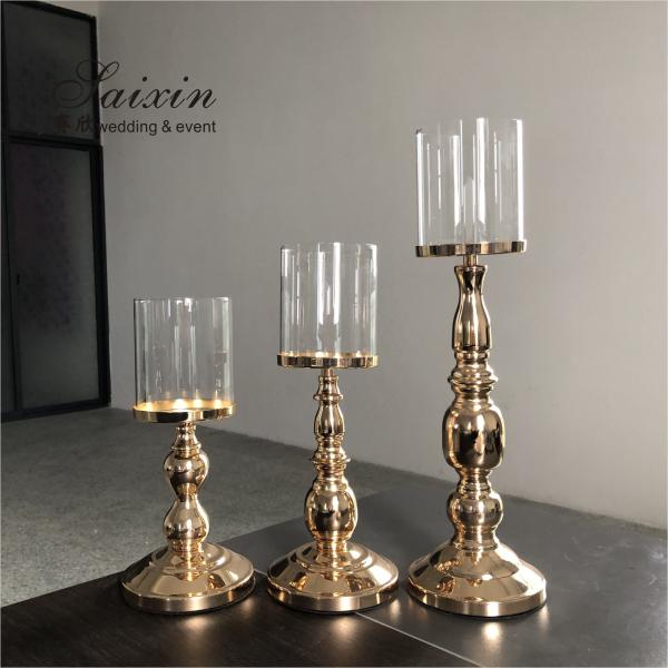 Três peças douradas de metal alto porta-velas conjunto candelabros pequenos 45cm