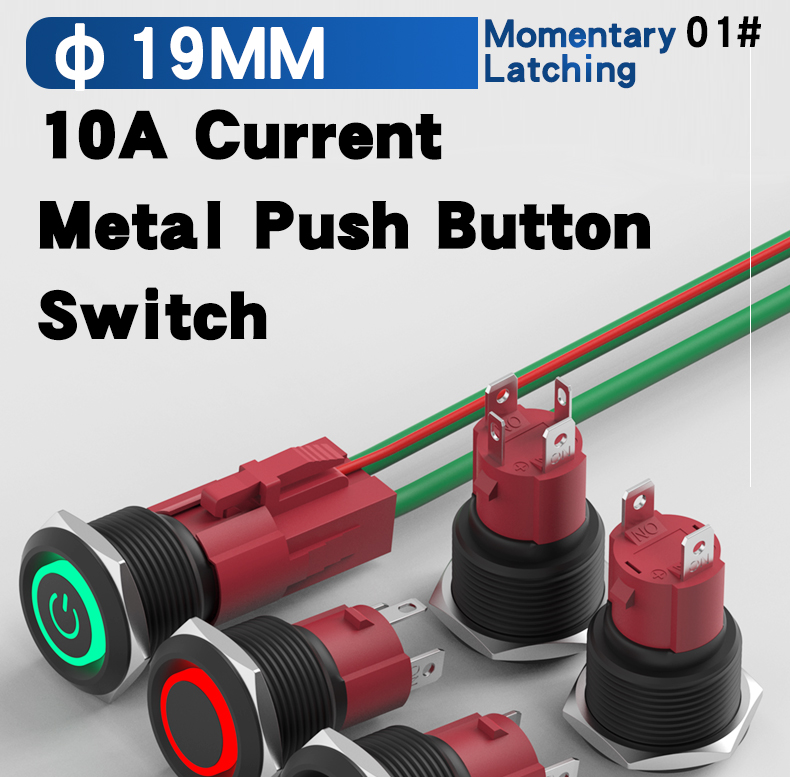 10A High Current Black Aluminum Self-Locking Push Button Switch 19mm Black Shell 4-Pin Waterproof 1NO LED Momentary Switch 220V