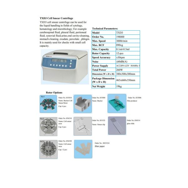 CENCE TXD3 Desktop Low Speed Cytospins Centrifuge with 12 Slide Capacity ≤60dB(A) Noise and Compact 380x500x300mm Design