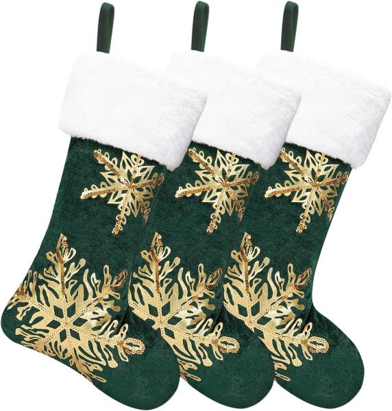 3PC Christmas Stocking,Sequin Hanging Stocking Decorations Christmas Party Family Decor (Green)