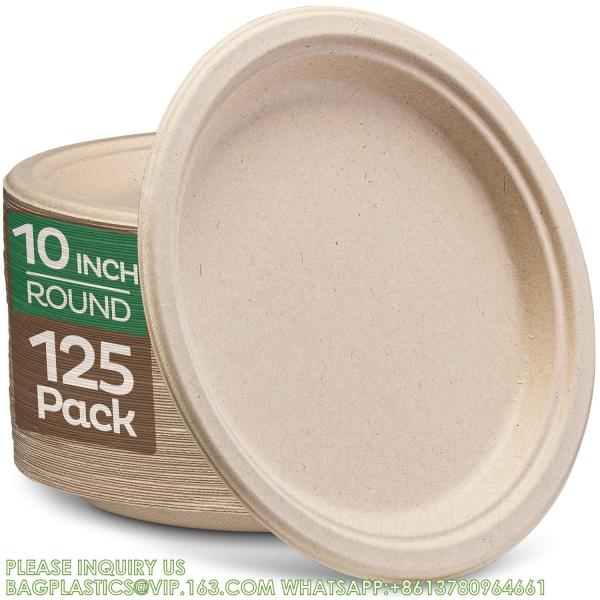 100% Compostable 10 Inch Paper Plates, Heavy Duty Paper Plates, Disposable Biodegradable Eco-Friendly Sugarcane
