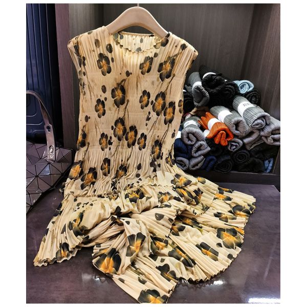 Women's Chic Summer Dress Super Elegant Pleated Design Casual Midi Length Chiffon Wide Swing Long Skirt Leopard High-End