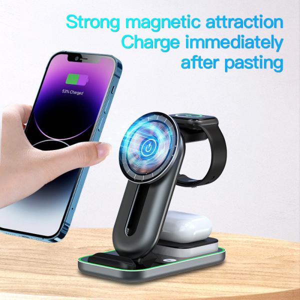 Multiple Devices Magnetic Wireless Charger Stand 3 In 1 Foldable Wireless Charger