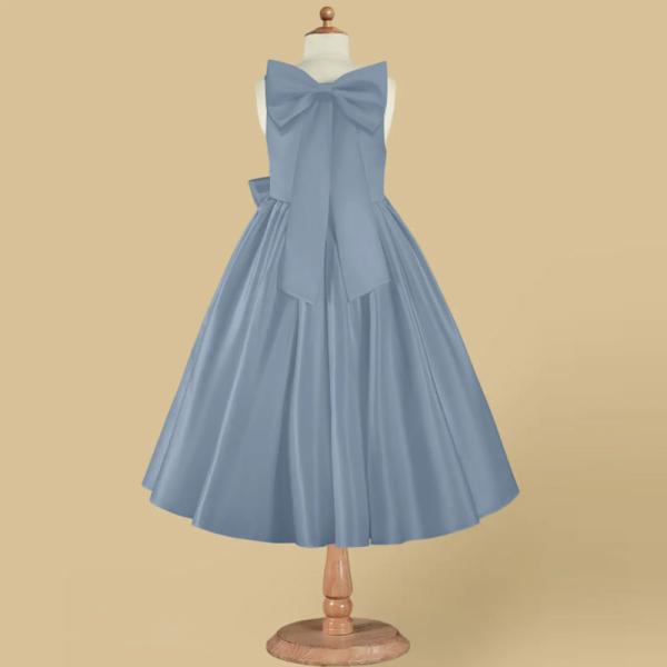 Wholesale Girl Kids Dress Blue Satin OEM ODM Baby Flower Girl Dresses Clothing Custom-made Size Knee-length Ruffles Ball