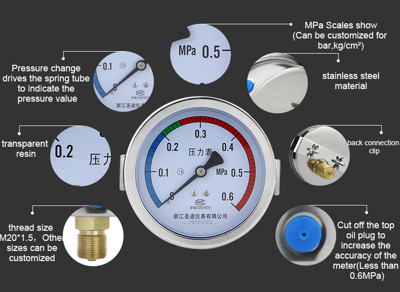 Clamp Type Design 100mm Axial Hydraulic Oil Pressure Gauge for Precise Measurements