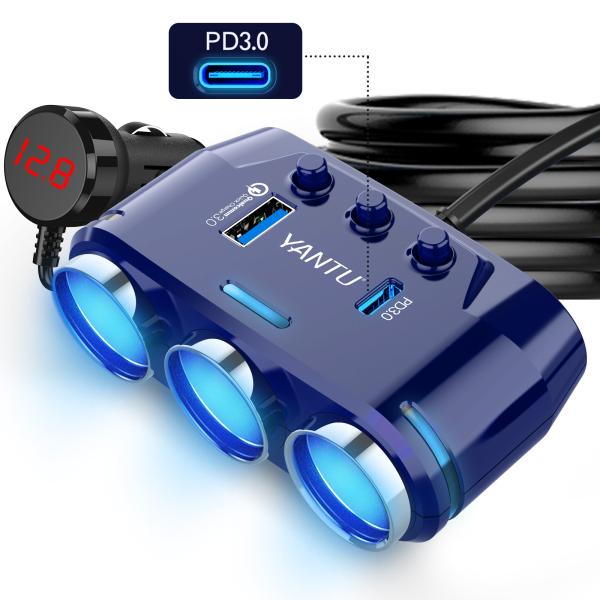 MAX 120W YANTU B39-C 12v Car Charger Adapter with Dual USB QC PD and Voltage Monitoring