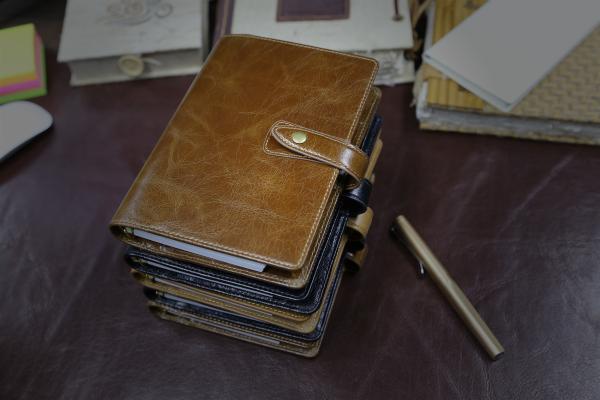 Genuine Leather Ring Binder Organizer Snap Fastener A6 Size Loose - Leaf Style