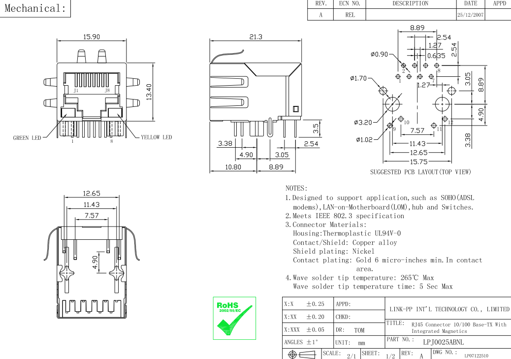 Магнитное RJ45 Jack 101110F9017M440ZA 10/100Base-T LPJ0025AGNL для сети IP