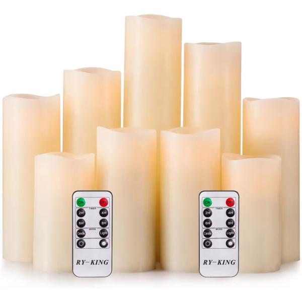 LED Candle Set Of 9 Remote Control With Battery Operated Real Wax Pillar Flameless Candle