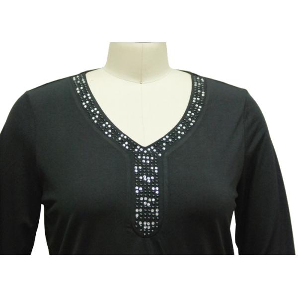 V Neck Ladies Casual T Shirts Three Quarter Sleeve Tops Bling Neckties Decoration