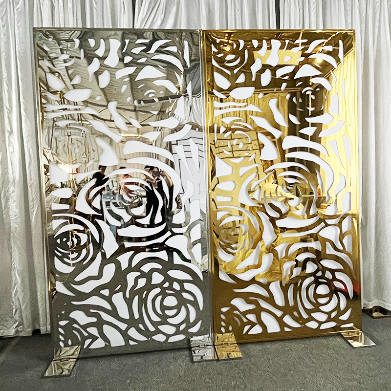 WENDING Silver & Gold Mirror Rose Laser-Cut Backdrop Panel – Dual Color Wedding Screen