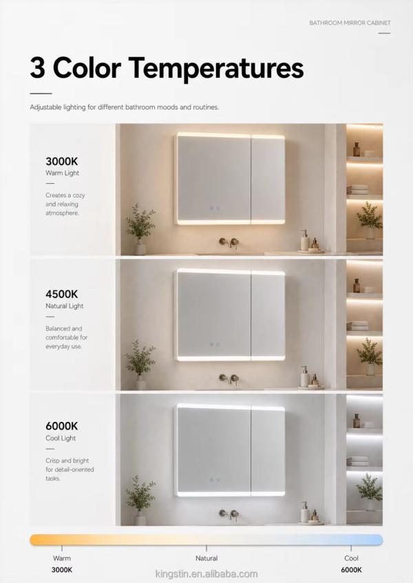 Kingstin Luxury ABS LED Mirror Cabinet with Defogger, Smart Storage and 3 Color Lighting for Projects