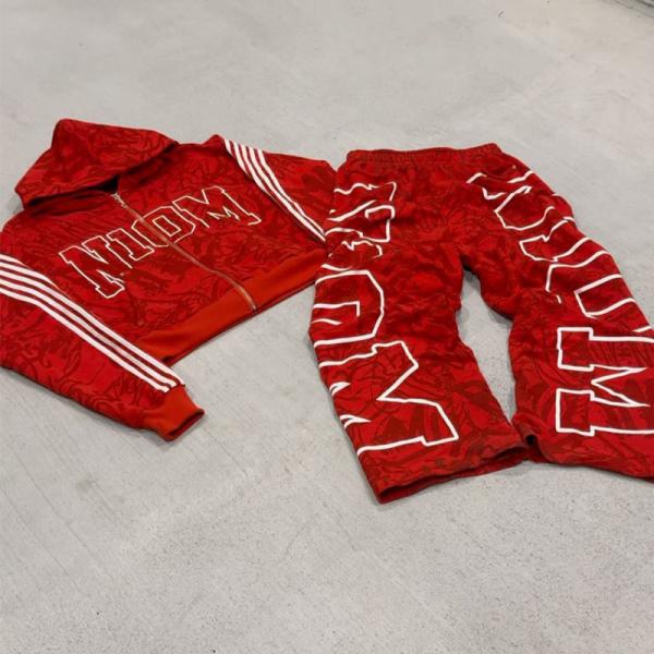 Clothing Manufacturers Custom Full Print Letter Logo Zip up Hoodies Stacked Straight Bagyy Oversized Hoodie and Sweatpants Set