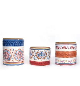 Middle Eastern Flower Decal Storage Jars Food Ceramic Canister Set With Bamboo