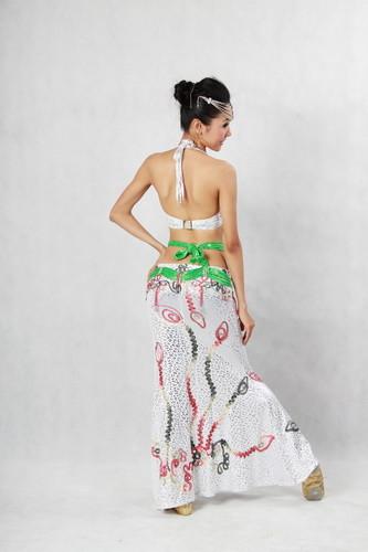 Elegant Floral Halter Neck Metallic Bras & Skirt with Green Waistband Belly Dancing Clothes