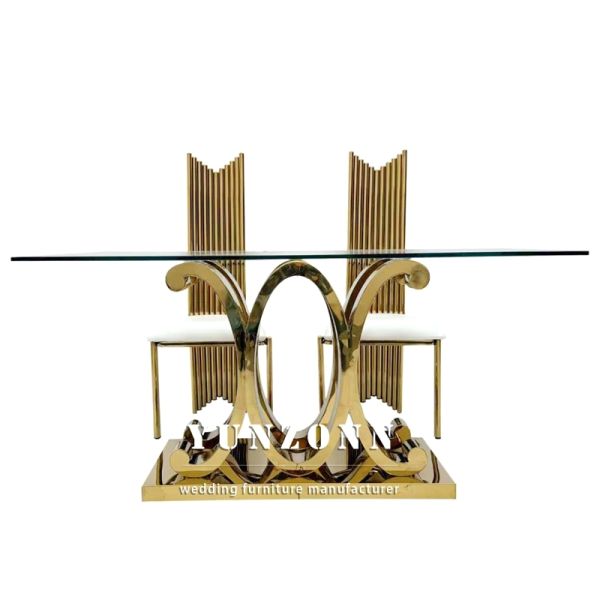 Special Golden Stainless Steel Luxury Glass Dining Table Sets for Bride and Groom for Wedding Events and Hotel Use
