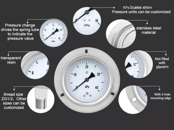 Stainless Steel Axial Back Pressure Gauge with Flange Edge 100mm Grade 1.0% Precision