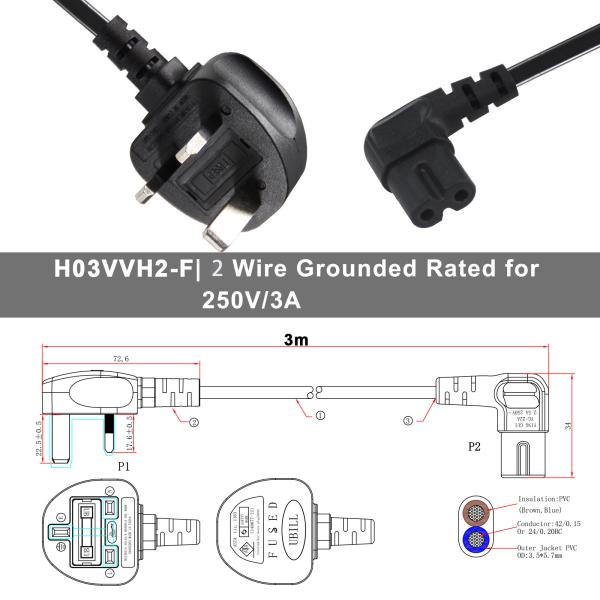 UK Plug to IEC C7 Power Cord 250V 10A PVC Jacket