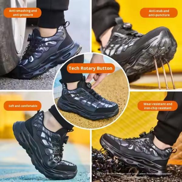 Black BOA Rotating Button Work Shoes Flying Knit TPU Safety Shoes Kevlar Anti-stab EVA Sole Work Shoes