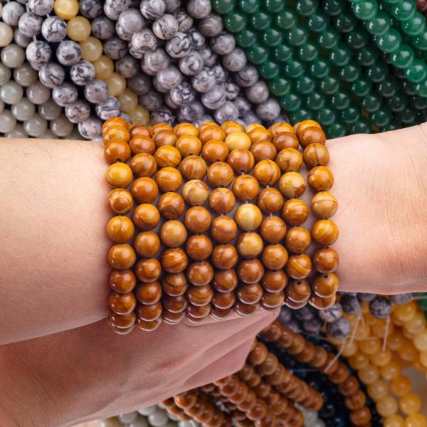 Yellow Wood-Grain Round Bead Natural Crystal Gemstone Wood Jasper Loose Bead Strands for DIY Jewelry Making