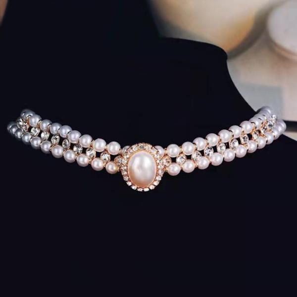 Double Row Pearl And Rhinestone Necklace Inlaid Crystal Diamond OEM ODM