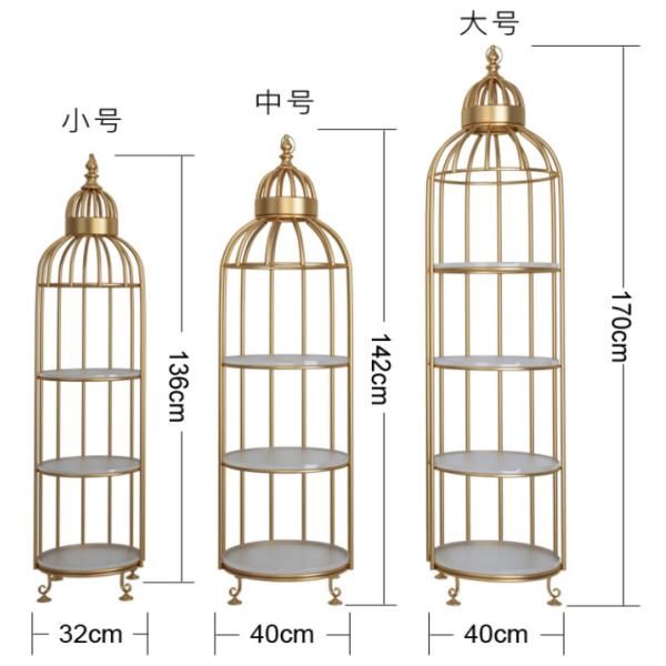Bird Cage Shape Gold Three Storey Metal Flower Stand