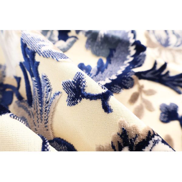 Oriental-style Blue And White Porcelain Patterns Jacquard Velvet For Sofa