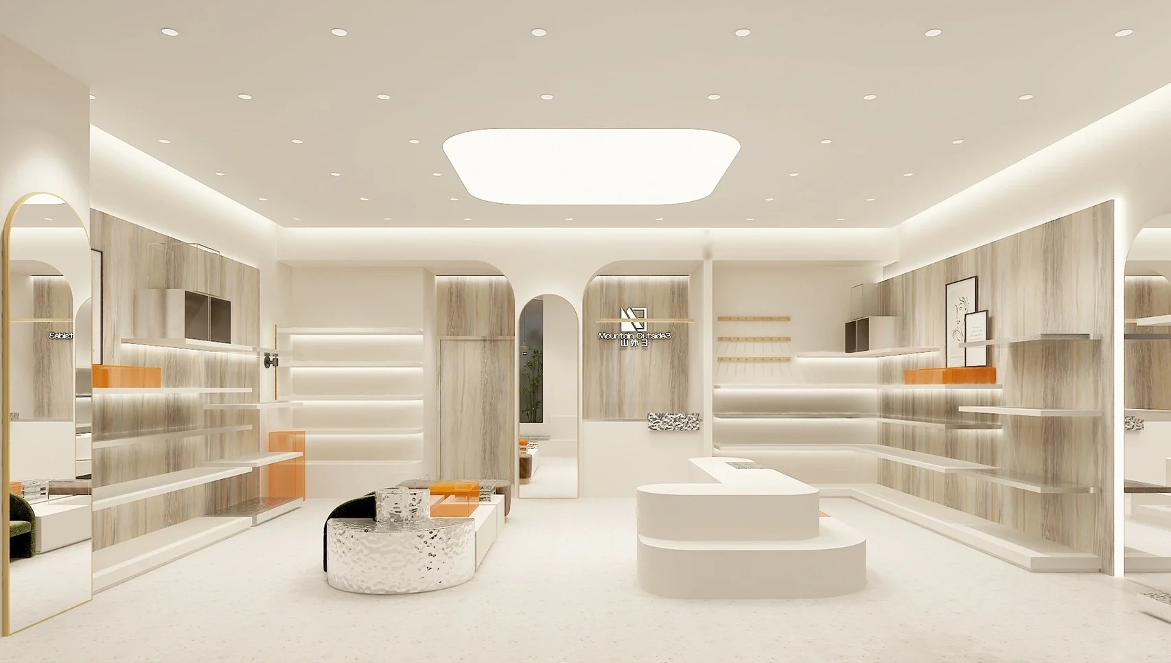 Pure Cream Light Wood Minimal Women Leather Shoe Store Interior Design | Daily Ladies Footwear Boutique Full Shop Layout