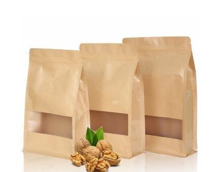 Grocery Stand Up Customized Design Food Packaging Rectangular Flat Bottom Side Gusset Kraft Paper Bag With Zipper