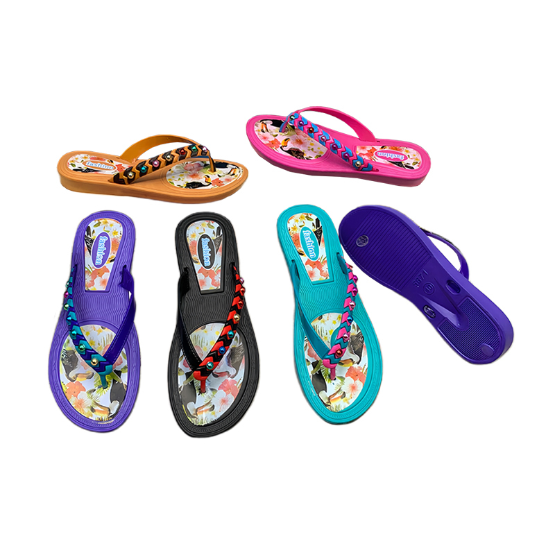 EVA Women Tropical Pattern Bead Decor Flip Flops Anti-slip Summer Beach Sandals