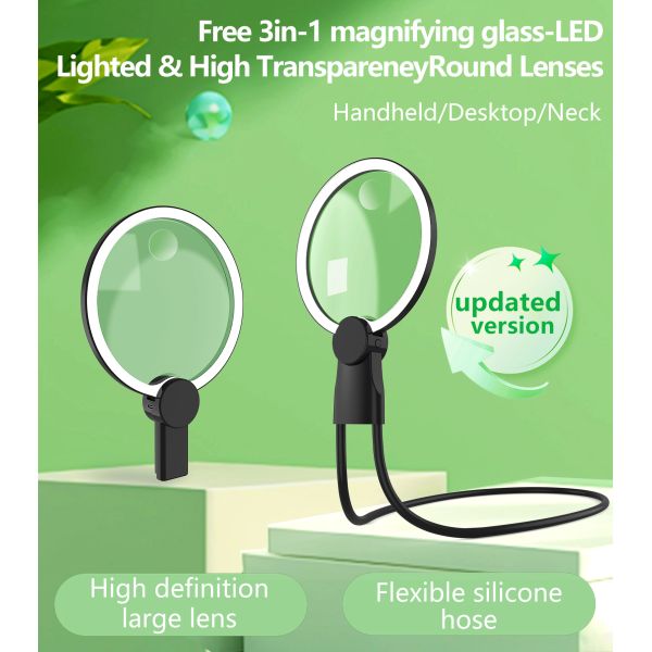 Hands-Free Neck Magnifier with 130 mm Large Bright LED Light for Seniors & Low Vision Flexible for  Sewing Reading Light