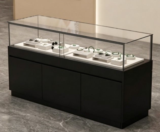 Luxury Black Jewelry Display Cabinet with LED Lighting and Tempered Glass Counter Customizable for Retail Shops