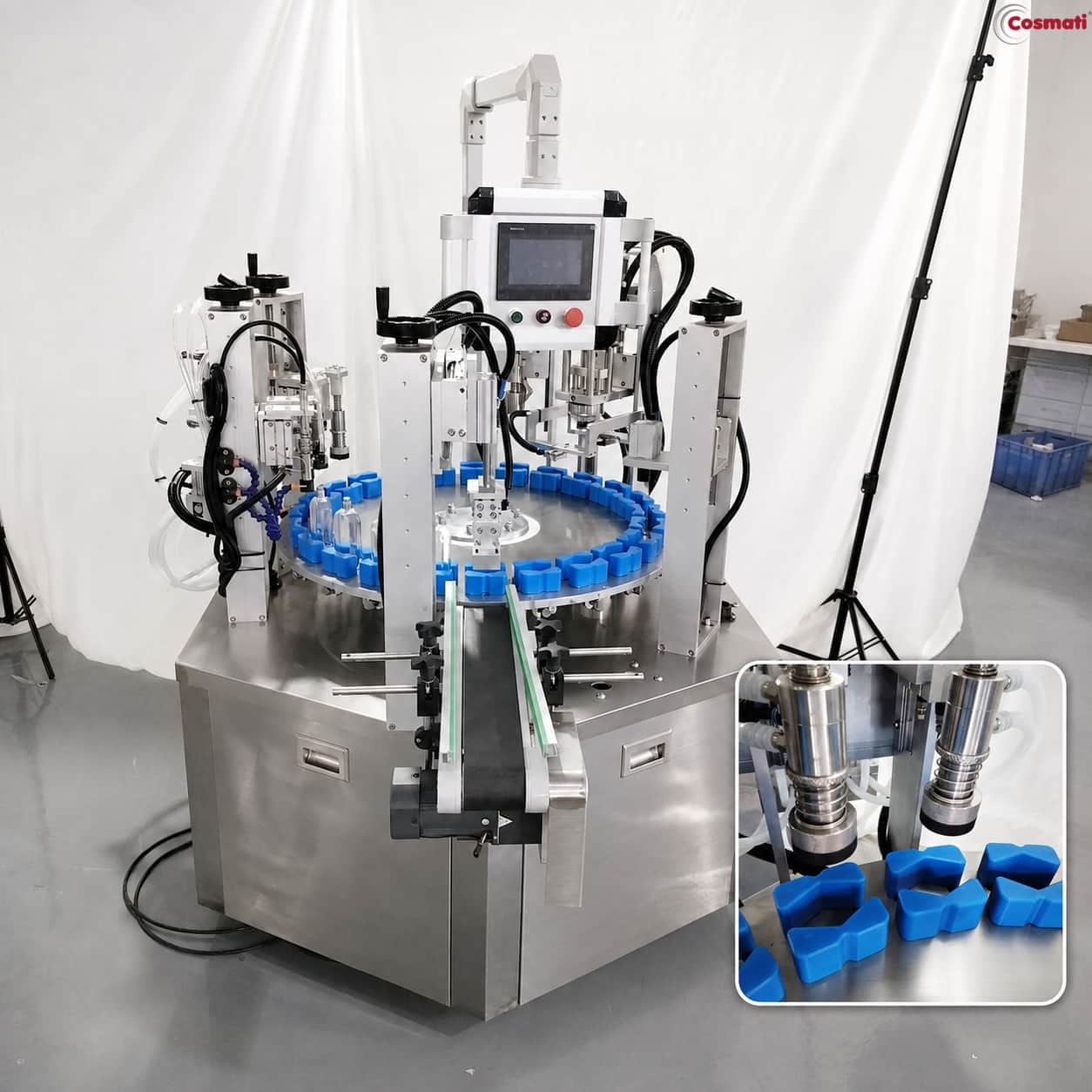 Automatic Rotary Perfume Filling Machine Fragrance Oil Bottle Cleaning Crimping Collaring Line