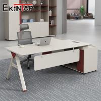 Mesa de escritório minimalista Mesa de madeira de acacia com armário de armazenamento e pernas de metal