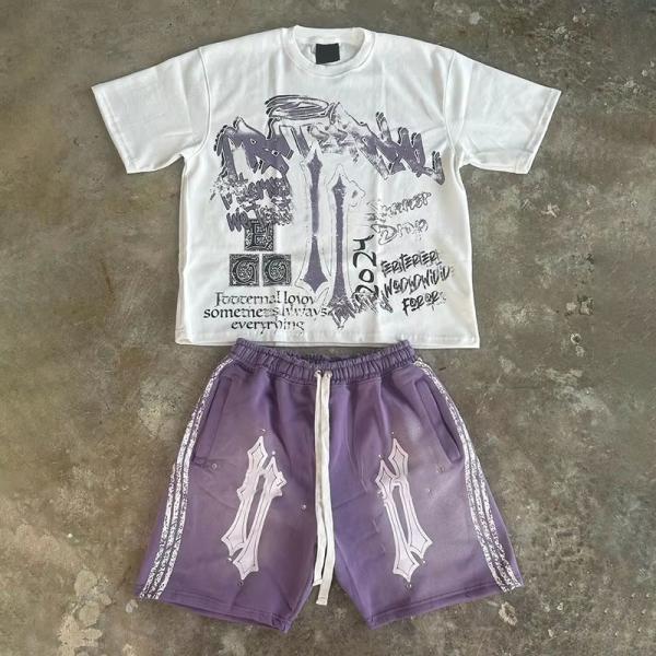 Fabricant de vêtements Vêtements de rue personnalisés Graphique d'été 100% coton surdimensionné Shorts lavage à l'acide et t-shirt 2 pièces ensemble pour hommes