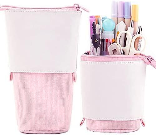 Telescopic Pencil Bag Pen Holder Stationery Case, PU Corduroy Stand-up Retractable Transformer Bag Colorful Organizer,