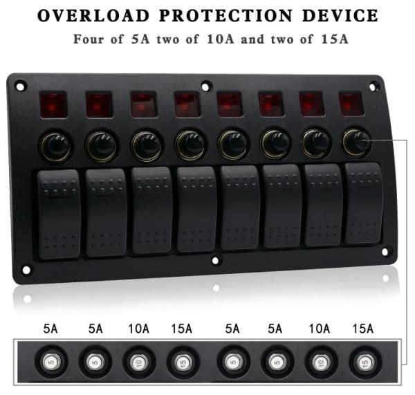 On Off Aluminium Rocker Switch Panel Waterproof 8 Gang 3 Pin Circuit Breaker Overload Protection