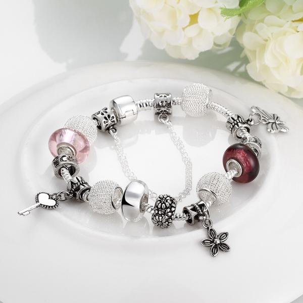 SJ Fascinating Jewelry Silver Plating Handcrafted Glaze Bead Charm with Key Petal Butterfly Chain Women Bead Bracelet